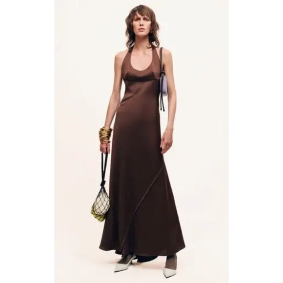 SIEDRES Dresses & Skirts - NWT Siedres Welise Halterneck Paneled Satin Maxi Dress Chocolate Brown 34 XS